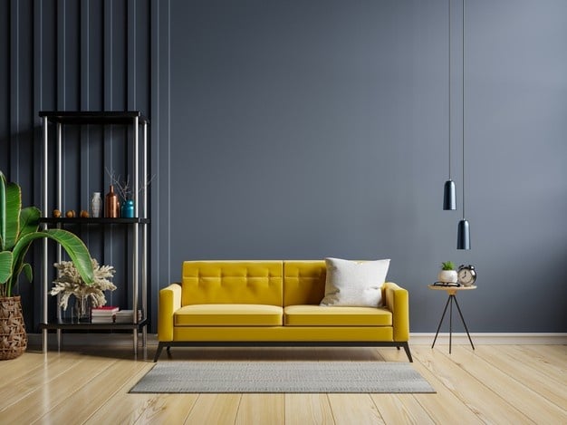 canape-jaune-table-bois-interieur-du-salon-plante-mur-bleu-fonce-rendu-3d